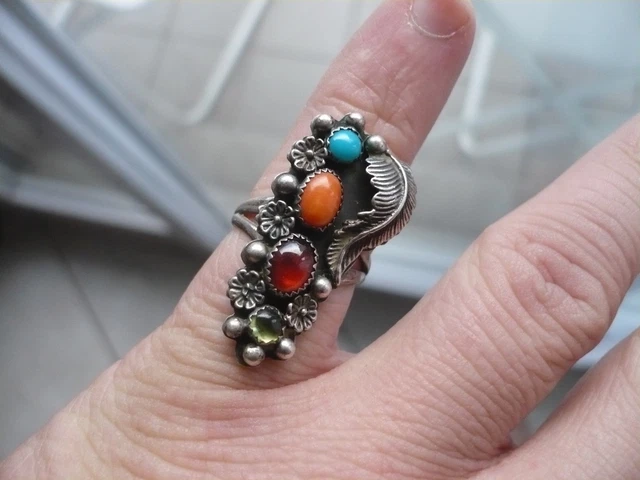 Bague Ancienne En Argent Massif 925 Et Corail - Taille 56, Style Chevalière, Occasion