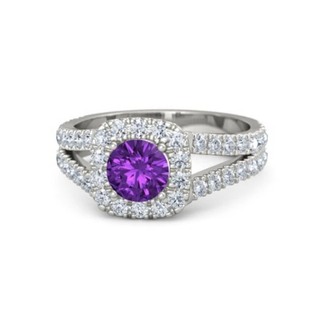 3Ct Rund Schliff Künstlicher Amethyst Damen Verlobung Ring 14K Weißgold Finish