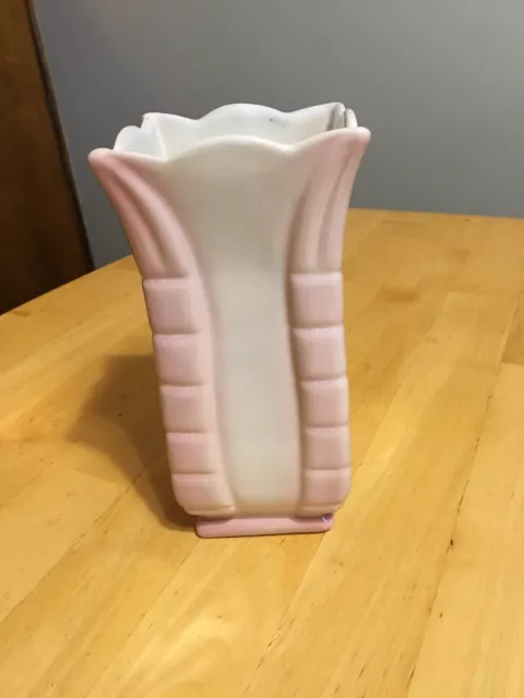 Rosemeade North Dakota Pottery Square Vase 7 1/2” Tall, White Shaded With Pink