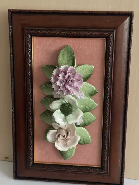 Framed 3D Porcelain Plaque Flowers Royal Staffordshire 9x6” Capodimonte Style