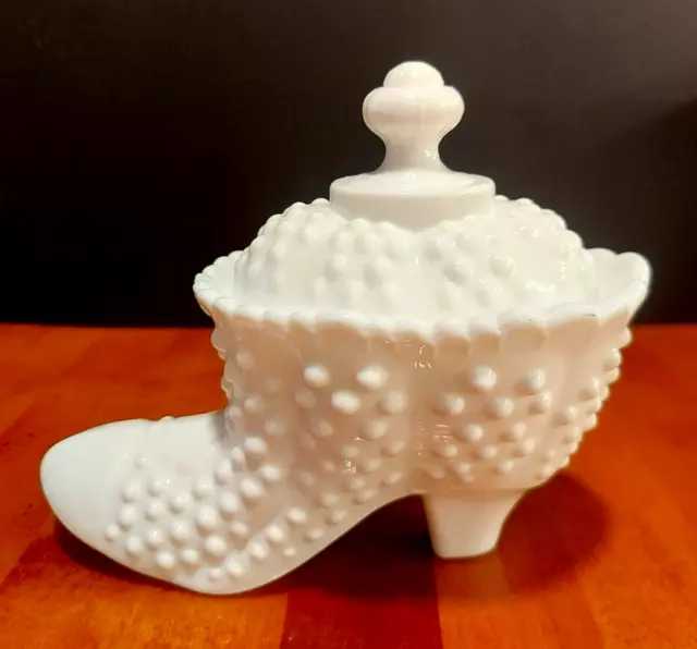 Vintage Fenton White Hobnail Milk Glass Victorian Shoe Boot Dish w/ Lid