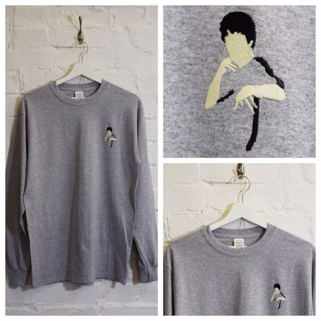 Actual Fact Bruce Lee Ricamato Grigio Erica Arti Marziali Maniche Lunghe T-Shirt