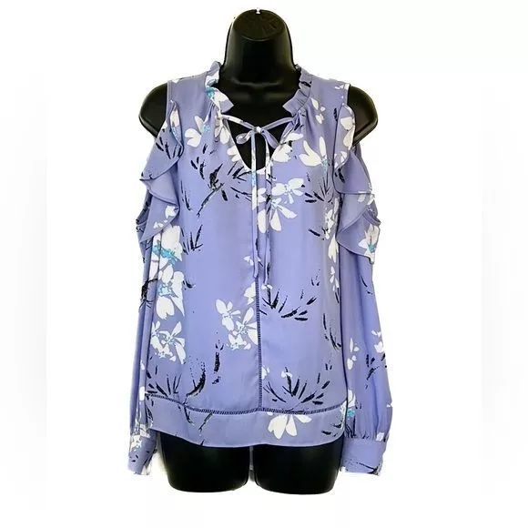 KAARI Blue Cold Shoulder Floral Top Women's M Lavender Keyhole Neck