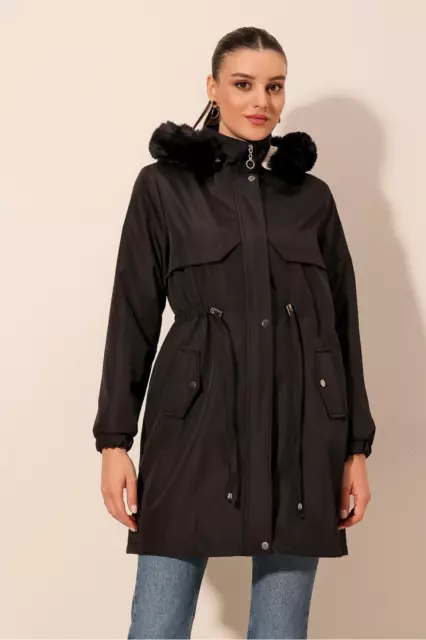 Womens Ladies zip down Hooded Faux Fur Coat Jacket Windbreaker Black 8 10 12 14