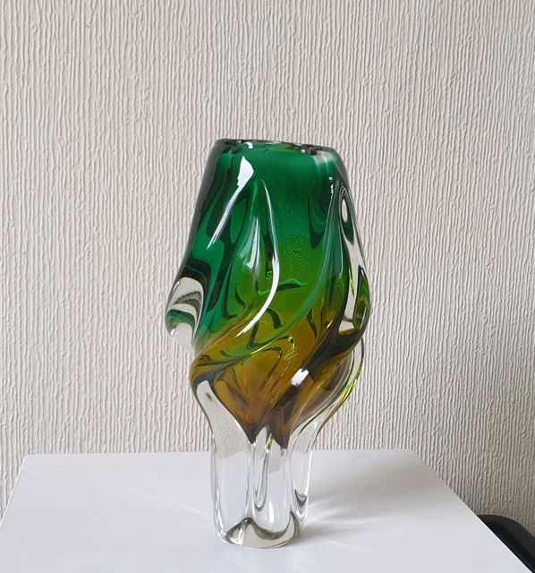 Green & Yellow Art Glass Vase Design Josef Hospodka Chribska Glassworks 1960's