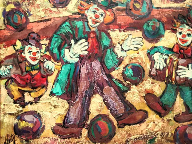 Extraordinaire grande  huile par Henri D'Anty 1910-1998 " la parade des clowns " 2