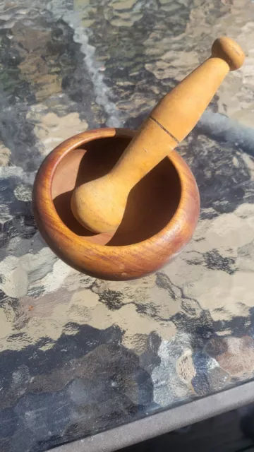 Antique Primitive Old Wooden Cup Mortar And Pestle For Spices Or Nuts