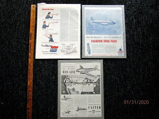 THREE Original United Airlines Vintage Print Ads From 1939,1945,1956