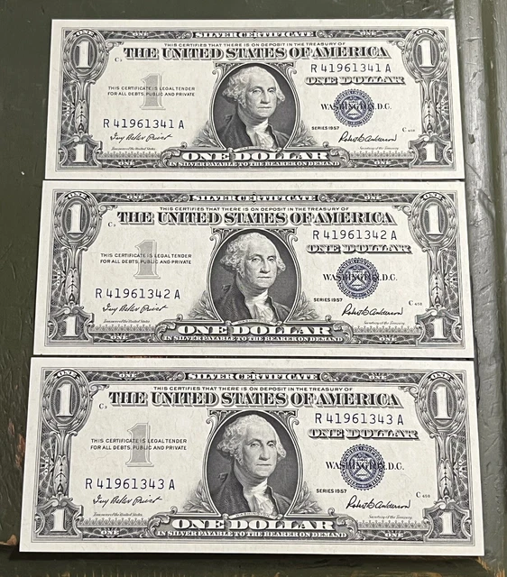 Consecutive 1957 One Dollar Blue Seal Note Silver Certificate Gem Unc **One Note
