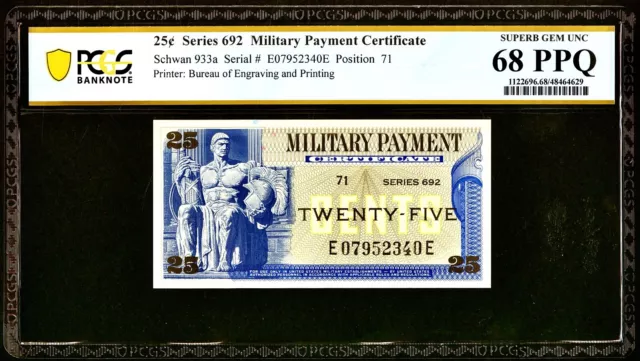 Schwan 933a Series 692 25¢ Military Payment Certificate PCGS Superb Gem 68PPQ