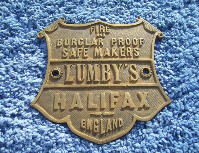 VINTAGE 1930s LUMBYS FIRE & BURGLAR PROOF SAFE MAKER PLATE ~HALIFAX BRASS PLAQUE