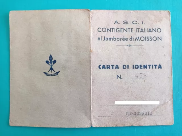 Tessera scout carta di identità ASCI contingente italiano Jamborèe di Moisson