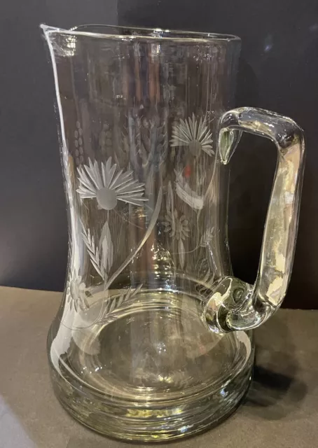 Vintage Very Nice Large Etched Flowers Glass Water Pitcher Thick Heavy Base  10" 3