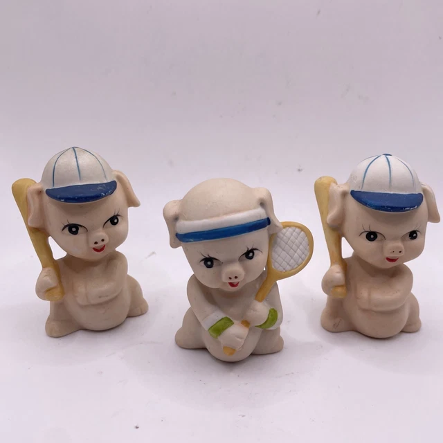 Three Little Sporty Pigs 2 Baseball Players And One Tennis Pro Ceramic Figurines
