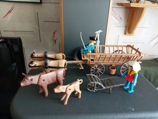 Lot PLAYMOBIL Vintage Médiéval 3503 – Paysans, Charrette, Vaches – 1978