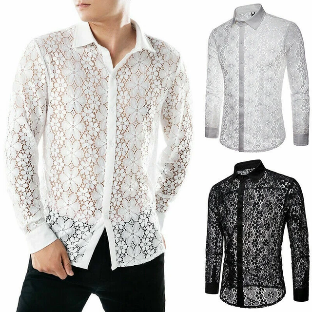 Chemise Dentelle Florale Homme Y2K – Haut Transparent Manches Courtes, Style Plage Cool, Respirant Et Léger, Boutonné Décontracté