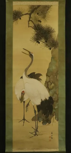 JAPANESE HANGING SCROLL ART Painting "Cranes" Asian antique  #E4704