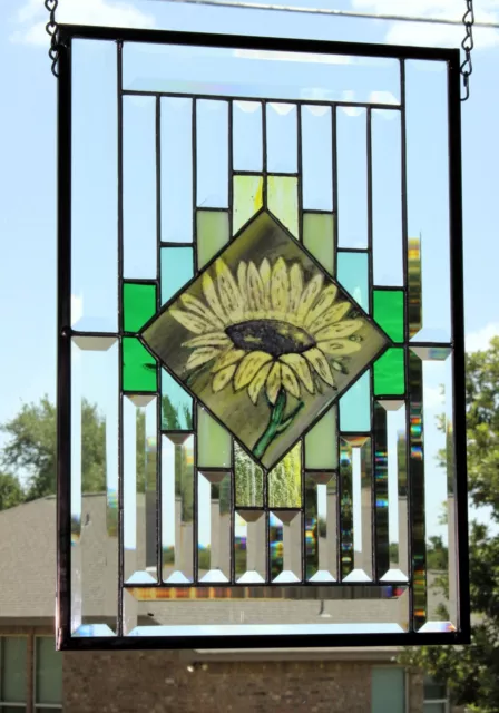 Stained glass sunflower with bevels window panel hanging 16 3/8x11 3/8 (42x29cm)