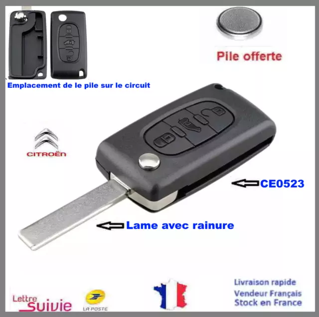 BOITIER COQUE CLÉ  Citroën Berlingo Jumpy CE0523 3 BOUTONS Lame avec rainure .