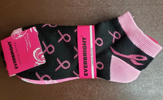 NWT Womens Pink Ribbon Breast Cancer Ankle Socks - Pack Of 3 Pairs