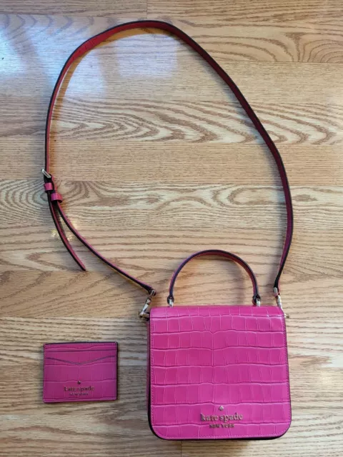 2 PC Kate Spade New York Pink Croc Crossbody Purse W/ Mini Wallet K9395 & KA189