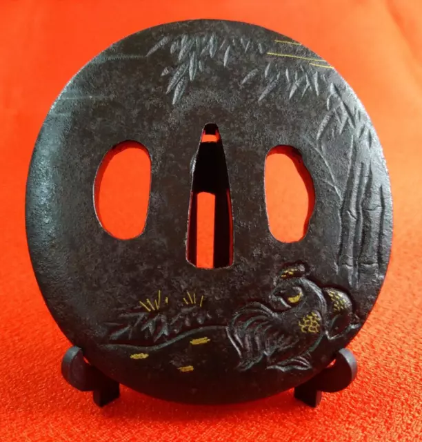 Tsuba Antique Rooster design Samurai sword guard Japanese Katana