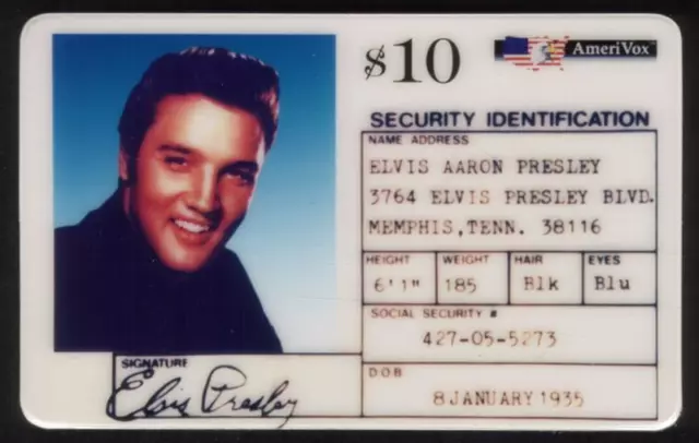 $10. Elvis Presley Identification Security Card ID: With Scratch-Off Phone Card