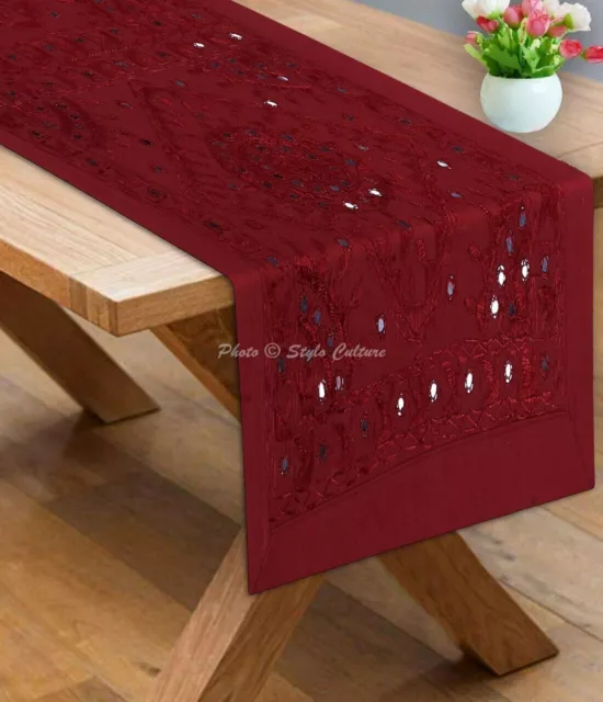 Chemin de table en coton bohème miroir brodé petite nappe géométrique