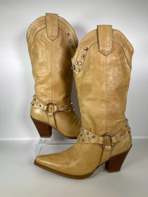 Bronx Cowboy Boots UK 4 EU 37 Yellow Leather Women's Western with Rhinestones