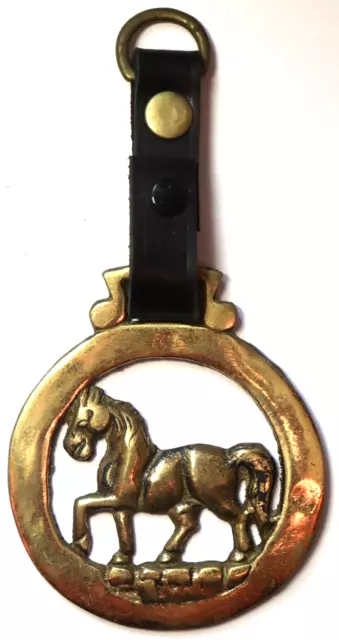 Vintage 6" Martingale Brass Leather HORSE Hanging Medallion Riding Ornament A9