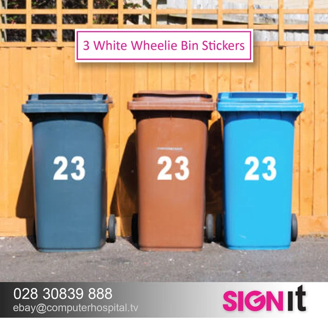 2 X WHITE Wheelie Bin House Numbers Stickers Wheely Dustbin Sticker