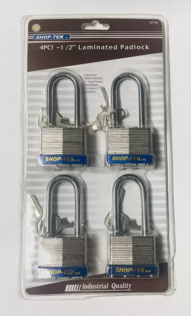 4-Pcs 1-1/2" (40mm) Laminated Security Padlock Keyed Alike, Long Shackle