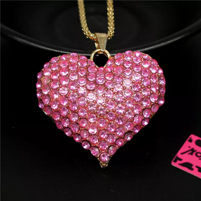 Betsey Johnson Pink Rhinestone Rose Shiny Heart Crystal Pendant Chain Necklace
