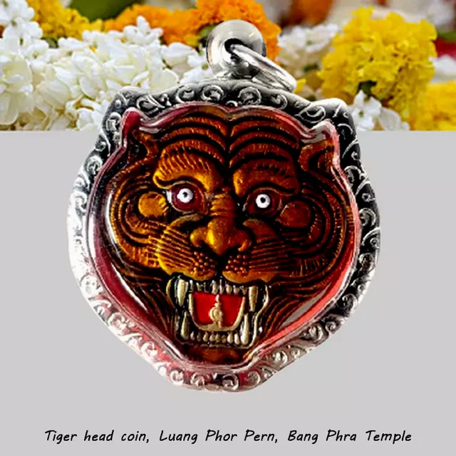 Tiger Head coin Lp Pern Thai amulet Bang Phra Temple magic power talisman Luck