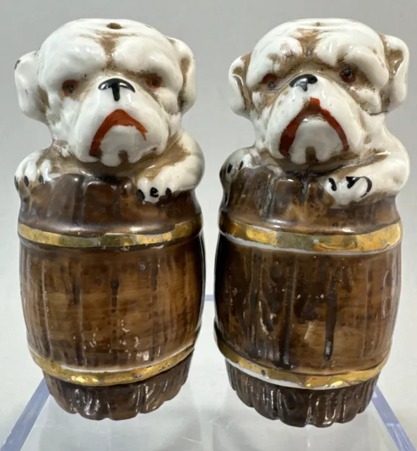 Antique Bull Dogs In Barrels Salt & Pepper Shaker Set~ Made In Japan, Twist Off