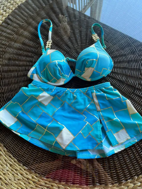 Tara Grinna Bikini Set blue and gold skirted bottom size 6 top 34B/C Beach wear