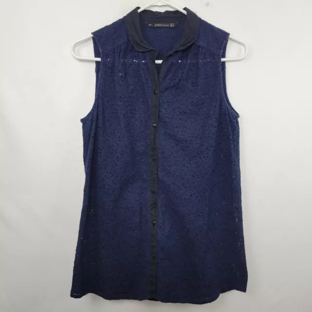 Zara Trafaluc Semi Sheer Blue Lace Sleeveless Button Up Shirt Womens Size Medium