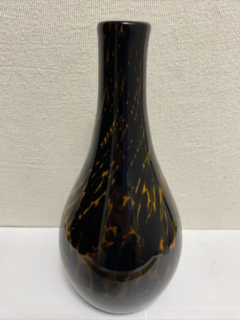 Art Glass Vase Amber Brown Black Speckled Spiral Hand Blown 11"