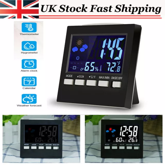 LED Digital LCD Display Alarm Clock with Temperature Calendar Weather Station UK