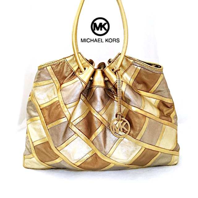 MICHAEL KORS Metallic Leather Patchwork Shoulder Tote Bag Hobo Gold Bronze Rose