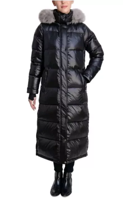 Michael Kors Women's Faux-Fur-Trim Hooded Maxi Puffer Black Coat,size L