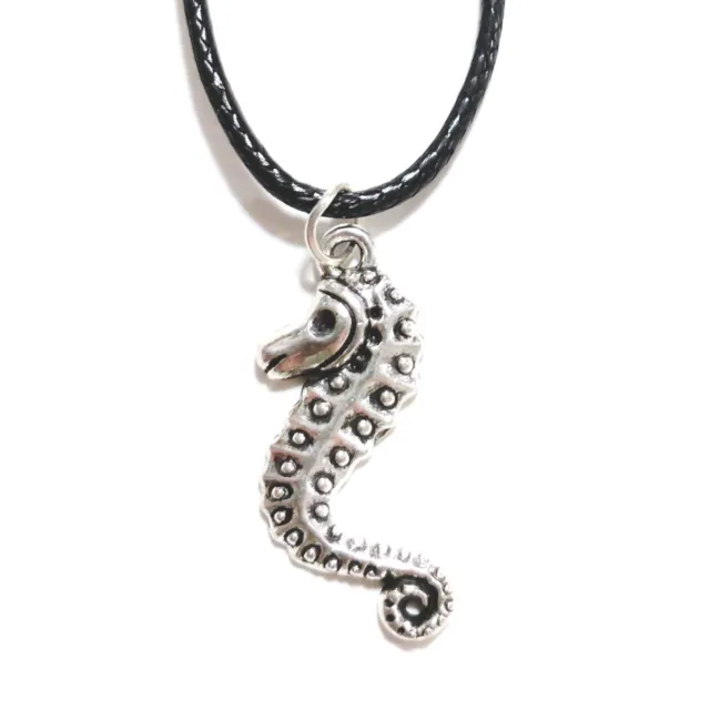 Handmade Necklace With Tibetan Silver Seahorse On Black Cord Lobster Clasp 45cm