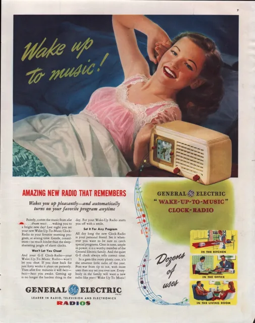 1946 General Electric Wake-Up-To-Music Clock Radio Vintage Print Ad L64