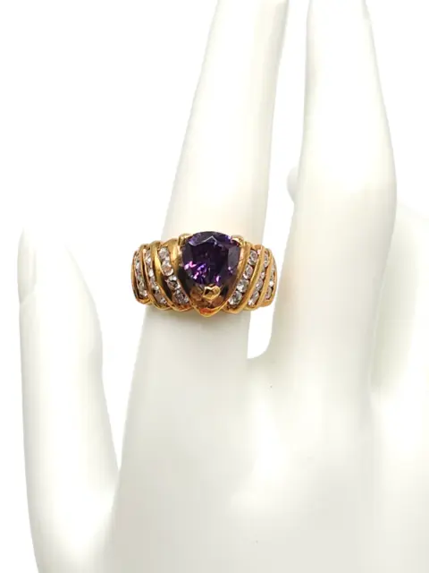 Purple Clear Rhinestone Bling Cocktail Ring Gold Tone Size 8.5 Vintage