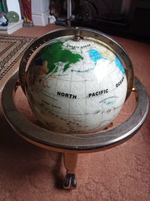 gemstone globe 14 ins diam.aprox mother of pearl compass gold coloured stand