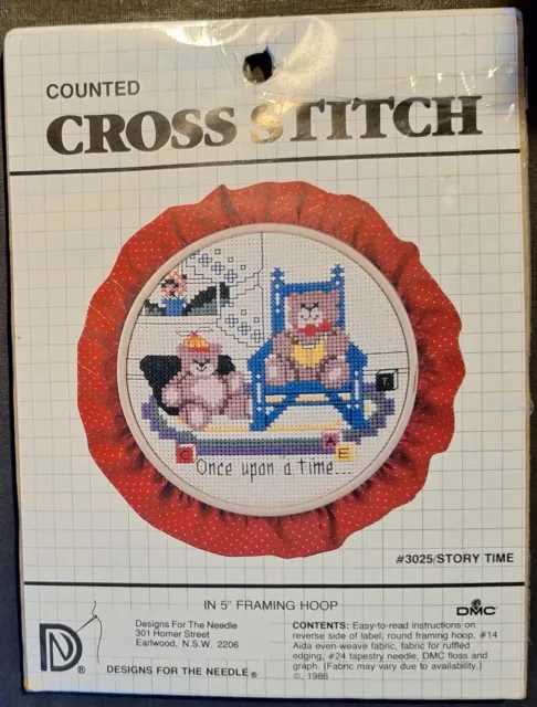 COUNTED CROSS STITCH KIT - STORY TIME 'Bears' - 12cm Round FRAME - NEW