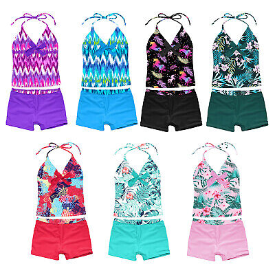 2Pcs Kids Girls Tankini Swimsuit Tops+Bottoms Bathing Suit Beachwear Costume