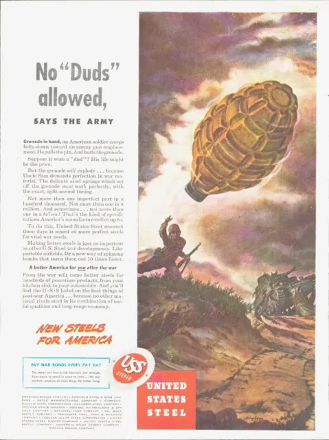 1943 WWII U.S. STEEL hand grenade ARMY soldiers PRINT AD military tank battle