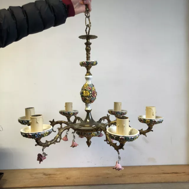 1900er französischer Porzellan Keramik Kronleuchter Blumen & Vögel 6 Arm groß antik