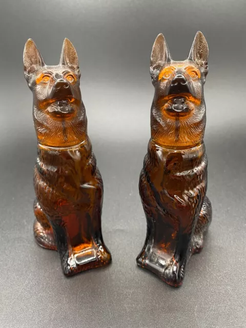 Avon Pair of German Shepards Vintage Brown Glass Collectable Bottles Good Boys